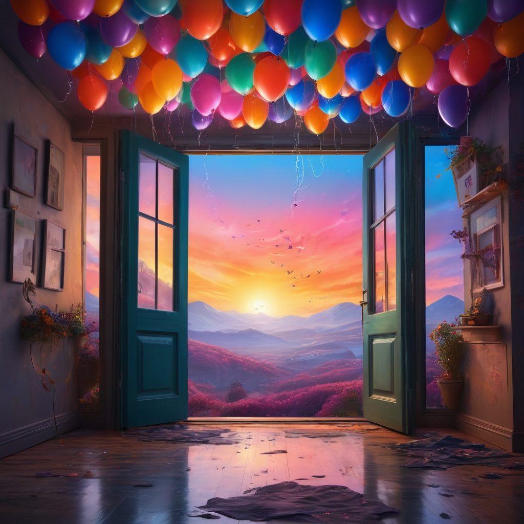 A whimsical scene depicting a person confidently breaking free from mundane surroundings, surrounded by vibrant and surreal elements like floating clocks, colorful balloons, and abstract doors opening to a fantastical landscape. The background features a gradient sky transitioning from dull gray to a vivid sunset filled with swirling stars. The overall atmosphere conveys liberation, adventure, and creativity. super-realistic. vibrant colors. surrealistic.