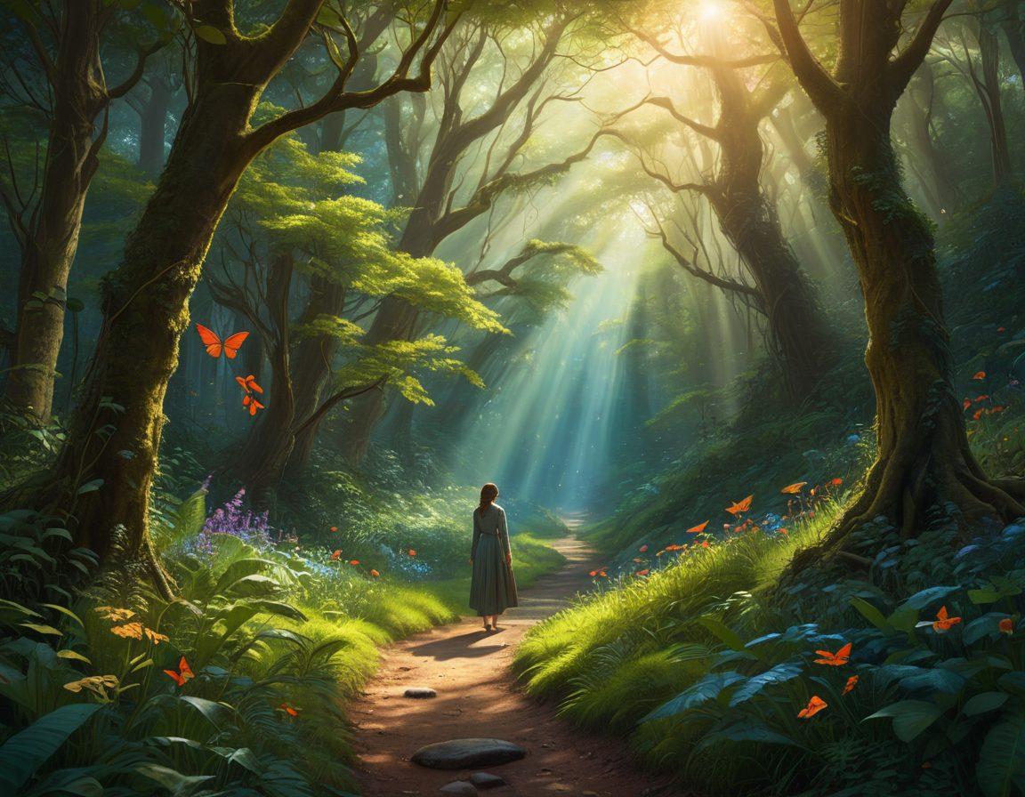 A thought-provoking scene depicting a winding path through a lush, enchanted forest, where sunlight breaks through the canopy illuminating signs of freedom like birds and butterflies. In the foreground, a solitary figure stands contemplatively, looking back as shadowy figures symbolize life's persistent pursuers fade into the background. The atmosphere is serene yet mysterious, inviting viewers to reflect on their own journeys to freedom. vibrant colors. super-realistic.