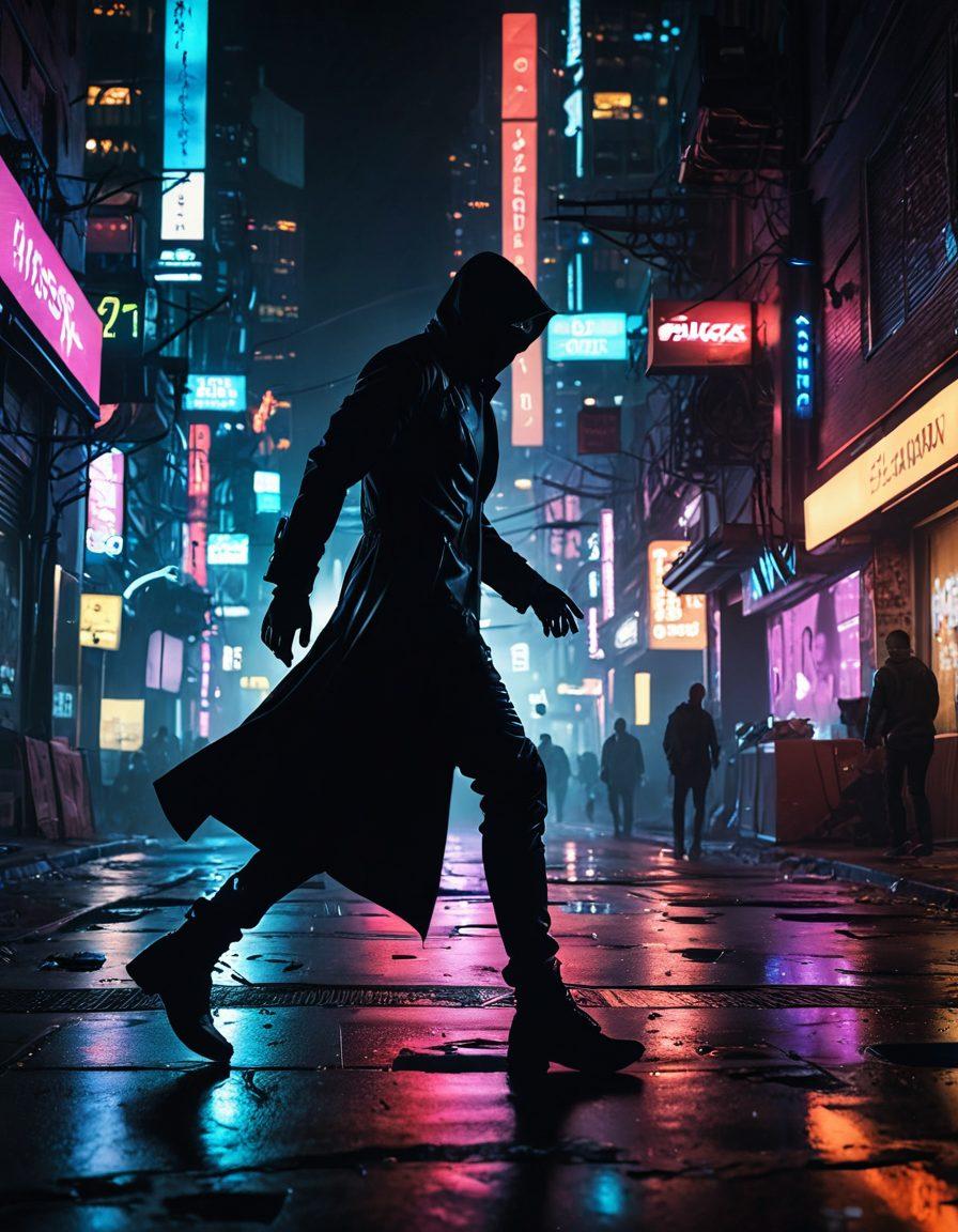 A shadowy figure skillfully navigating through an urban landscape, evading pursuers in a dramatic chase scene. The backdrop features a blend of bustling streets and hidden alleyways, symbolizing life's obstacles. Incorporate dynamic movement with blurred lines to suggest speed and agility. Add a touch of mystery with dim lighting and silhouettes, creating an atmospheric tension. cyberpunk. vibrant colors. dark background.